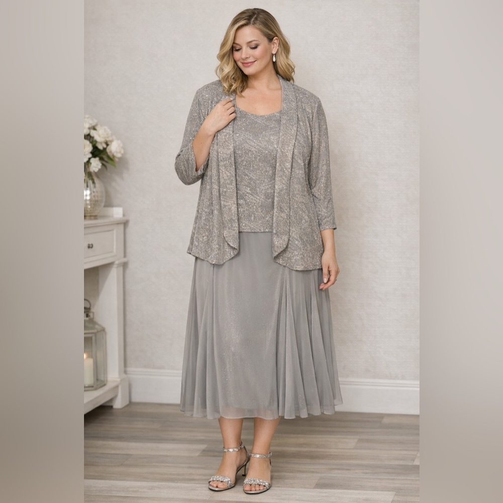 Ulla Popken Silver Two-Piece Dress & Jacket Set – Size 2